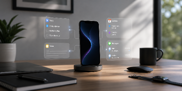 Smartphone centered on minimalist desk with floating tasks, calendar, notes, messaging, building a personal operations hub