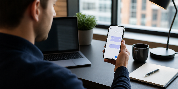 Person at desk organizing notifications into time blocks on phone calendar to build a system for a personal operations hub