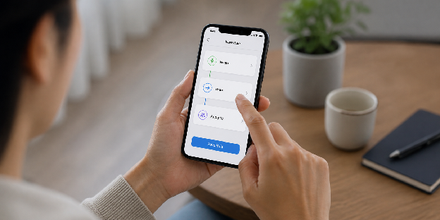 Person using smartphone to build a simple personal operations hub with step-by-step automation in a calm, minimal interface
