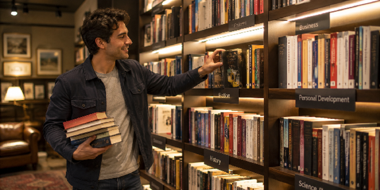 Man picking a book from a library shelf, learning how to build a daily routine to read more books every day.