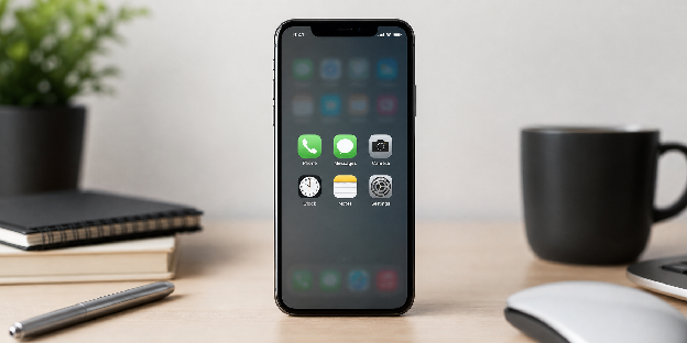 Minimal smartphone home screen with only essential apps, blurred social icons in the background, designed for busy professionals' mobile workflow