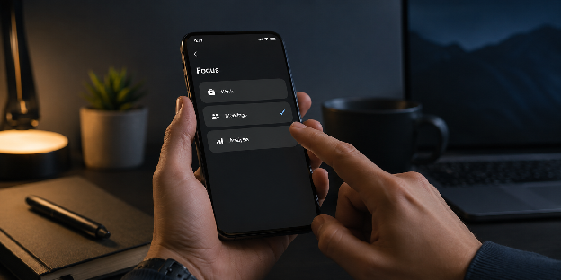 Smartphone settings screen work meetings analysis profiles user selects calm mode in a dim workspace for deep work